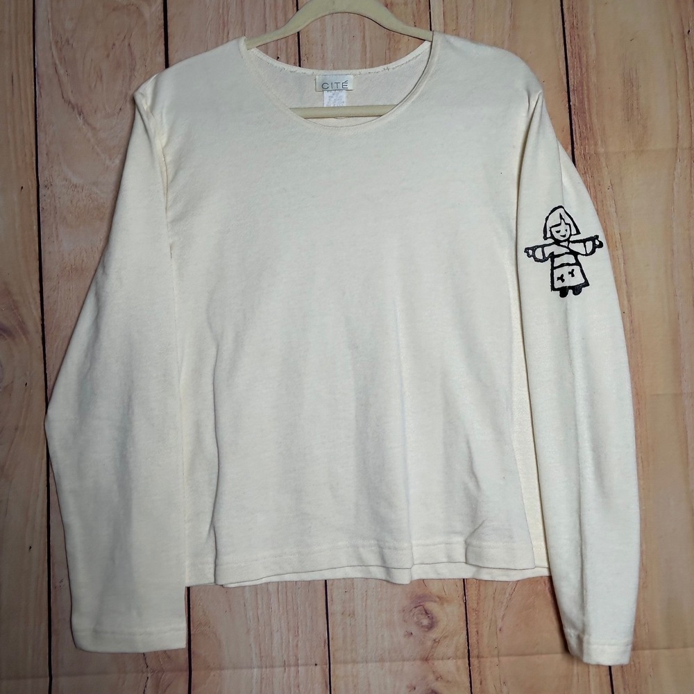 VTG Cite Graphic Sleeve Top Women M Cream Cotton Long Sleeve Art Minimalist